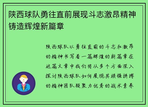 陕西球队勇往直前展现斗志激昂精神铸造辉煌新篇章