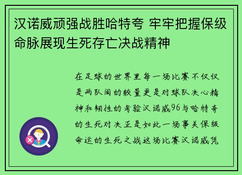 汉诺威顽强战胜哈特夸 牢牢把握保级命脉展现生死存亡决战精神