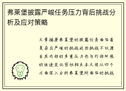 弗莱堡披露严峻任务压力背后挑战分析及应对策略