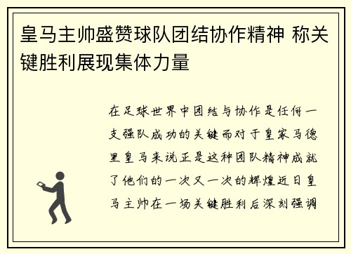 皇马主帅盛赞球队团结协作精神 称关键胜利展现集体力量