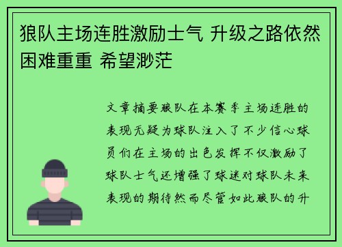 狼队主场连胜激励士气 升级之路依然困难重重 希望渺茫