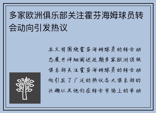 多家欧洲俱乐部关注霍芬海姆球员转会动向引发热议
