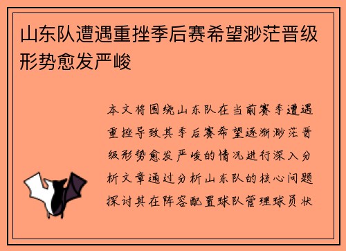 山东队遭遇重挫季后赛希望渺茫晋级形势愈发严峻
