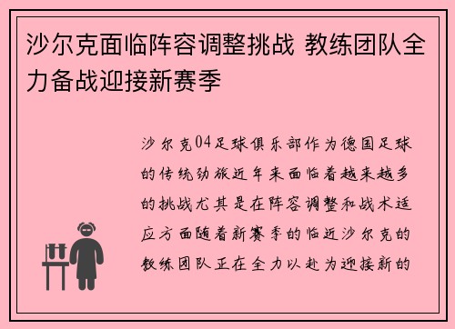 沙尔克面临阵容调整挑战 教练团队全力备战迎接新赛季