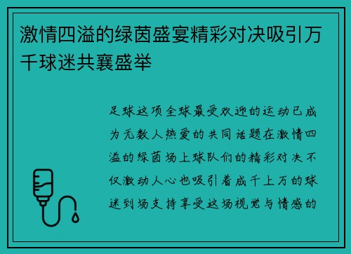 激情四溢的绿茵盛宴精彩对决吸引万千球迷共襄盛举