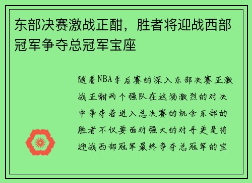 东部决赛激战正酣，胜者将迎战西部冠军争夺总冠军宝座