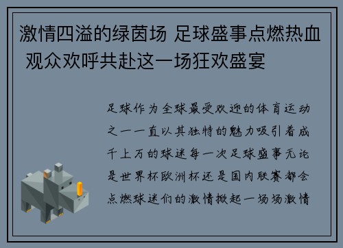 激情四溢的绿茵场 足球盛事点燃热血 观众欢呼共赴这一场狂欢盛宴