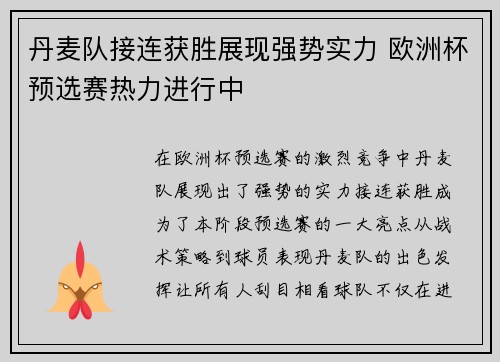 丹麦队接连获胜展现强势实力 欧洲杯预选赛热力进行中