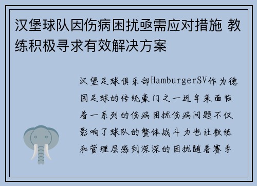 汉堡球队因伤病困扰亟需应对措施 教练积极寻求有效解决方案