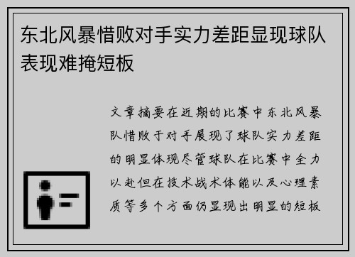 东北风暴惜败对手实力差距显现球队表现难掩短板
