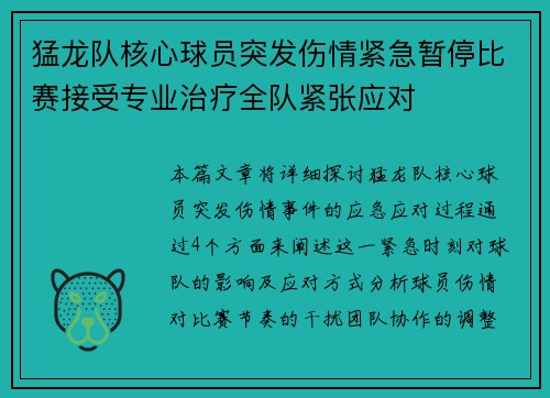猛龙队核心球员突发伤情紧急暂停比赛接受专业治疗全队紧张应对