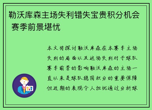 勒沃库森主场失利错失宝贵积分机会 赛季前景堪忧